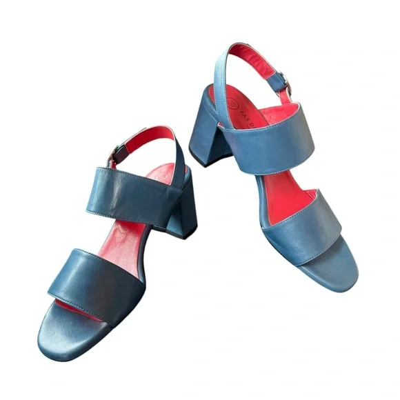 Pas de Rouge Blue and Pink Sandal Slingback Block Heels - Picture 3 of 10